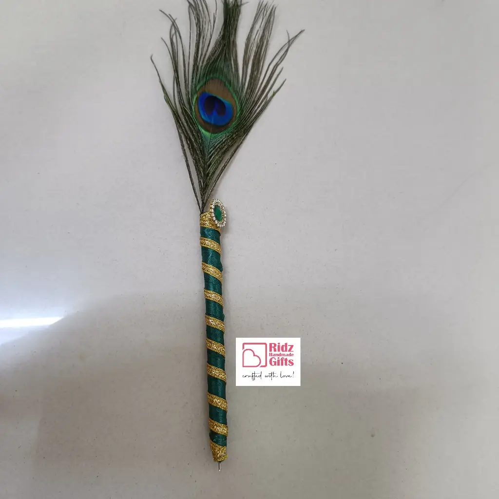Decorated Red Ball Pen with Peacock Feather (Pack of 5) 
