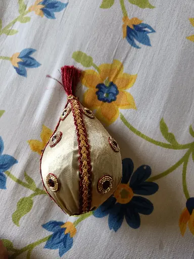 Cream and Red Decorated Shagun Nariyal