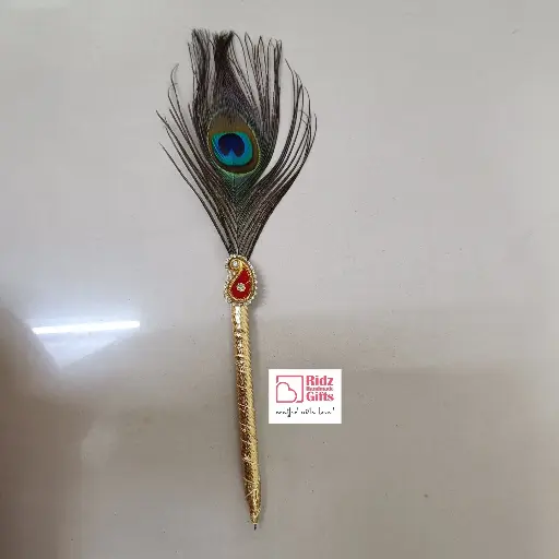 Decorated Red Pen with Peacock Feather (Pack of 5)