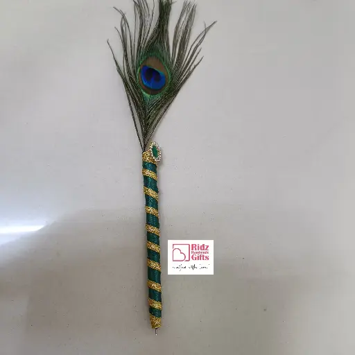 Decorated Red Pen with Peacock Feather with Stone 