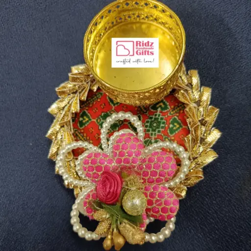 Patola Print Tealight Candle Holder with Golden Ring and Flower